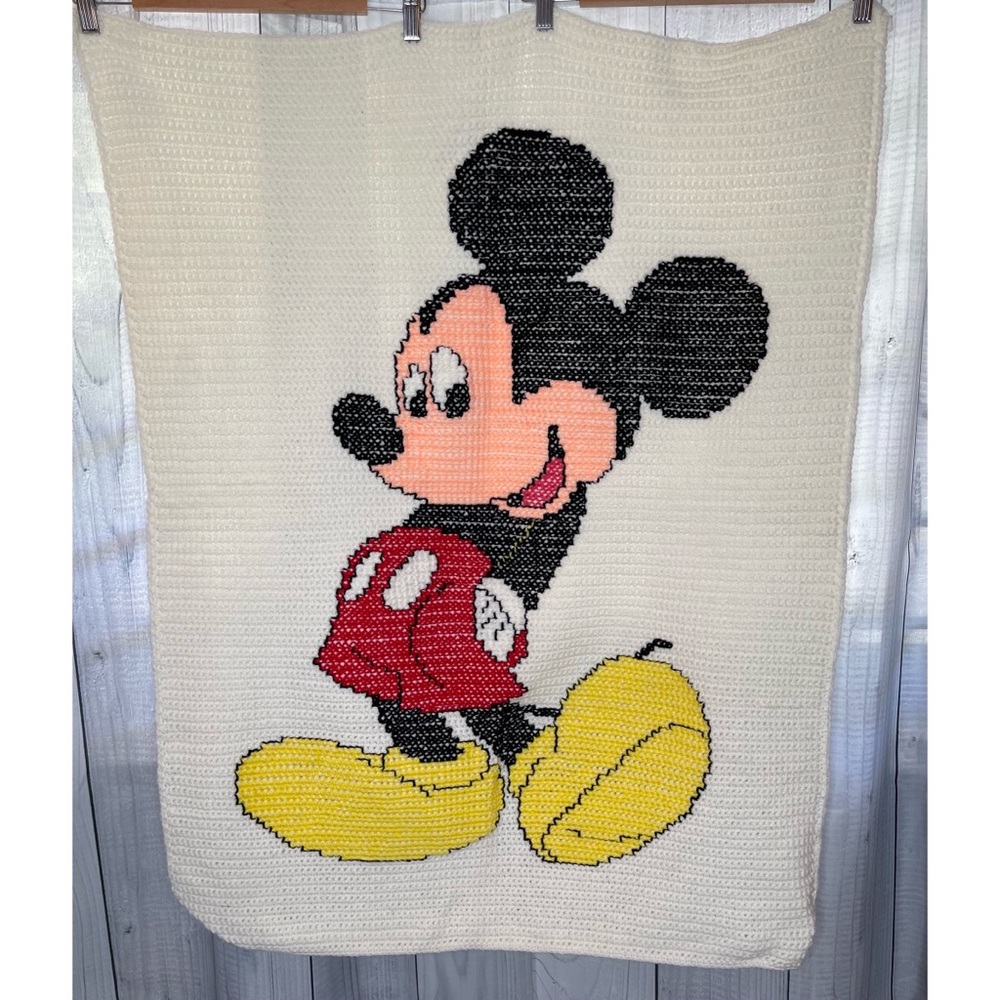 Vintage Handknit Mickey Mouse Blanket Cross Stitch Handmade Disney Disneyana